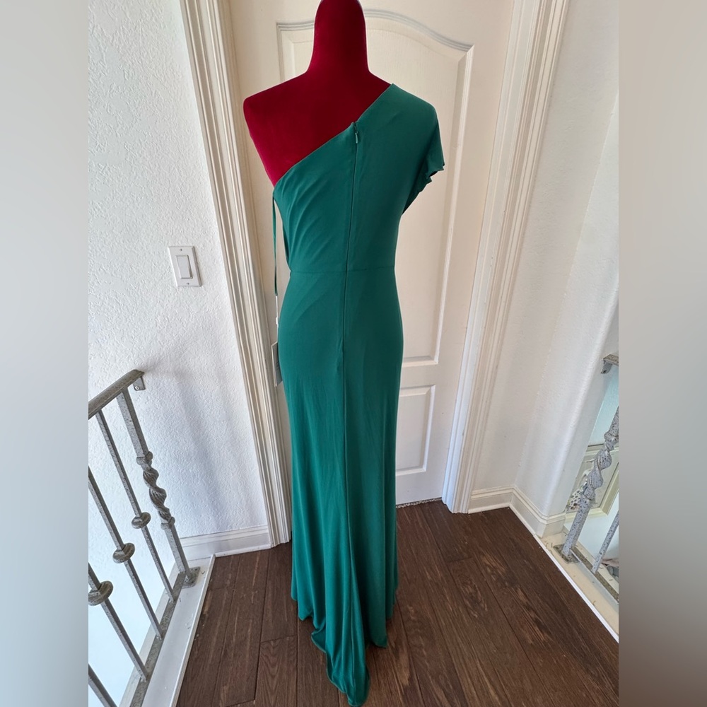 🦄 NWT Mac Duggal Sz 2 Emerald Ruched Long Slit One Shoulder Dress 67858 - Picture 7 of 9